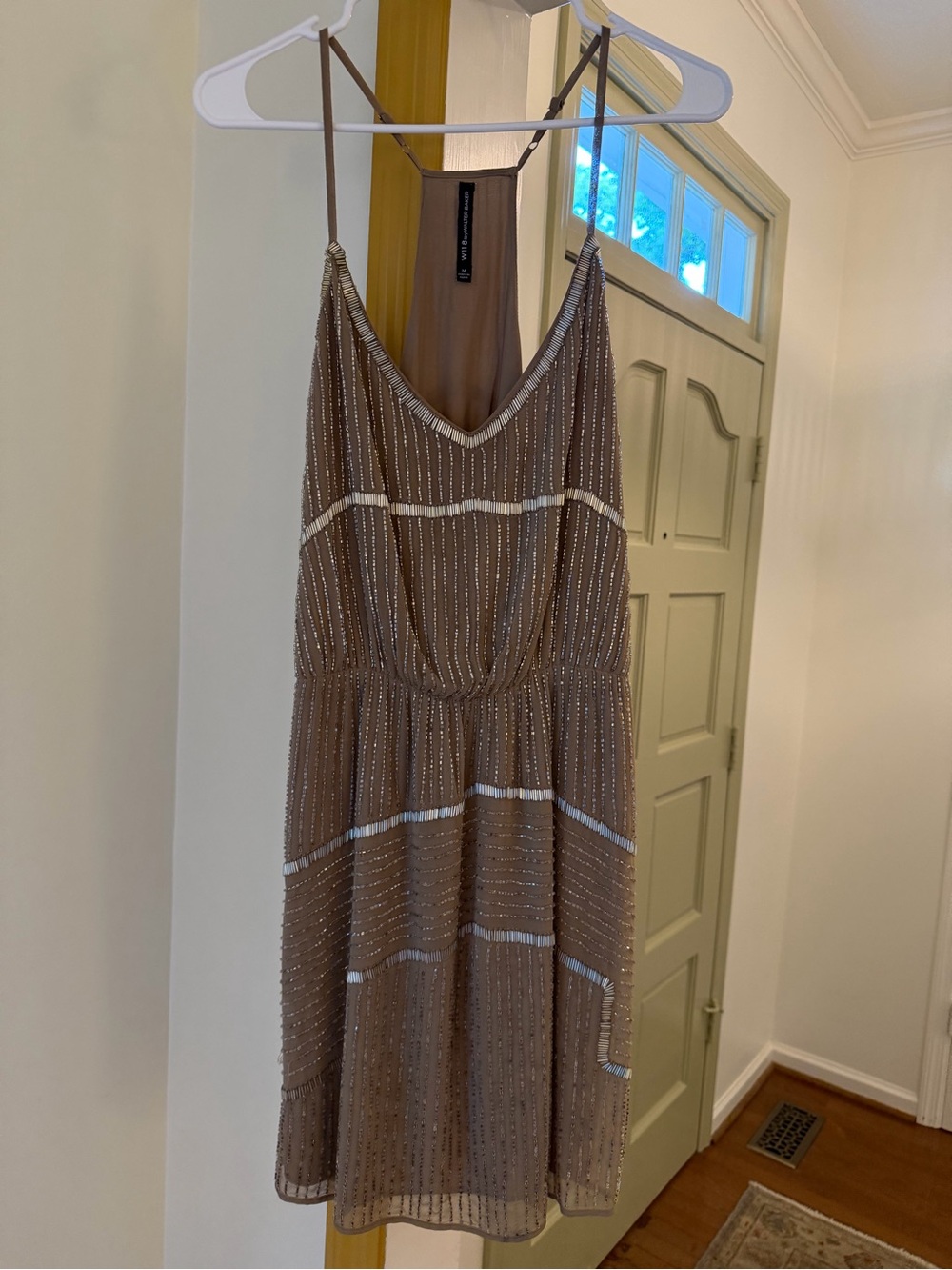 Taupe Beaded Spaghetti-Strap Dress